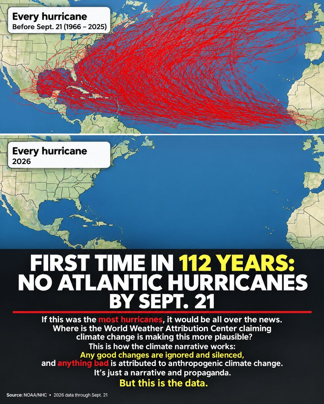 Grafika dołączona do wpisu: tory wszystkich huraganów atlantyckich do 21 września w latach 1966–2025 i pusta mapa sezonu 2026. Dane: NOAA/NHC
